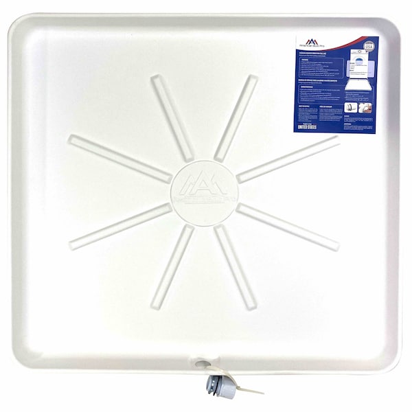 Washing Machine Drain Pan, 30 In X 28 In Plastic White PreDrilled  WDrain Hose Adapter, 10PK
